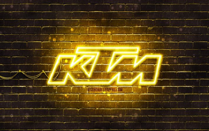 KTM黄ロゴ, 4k, 黄brickwall, KTMロゴ, 二輪車のブランド, KTMネオンのロゴ, KTM