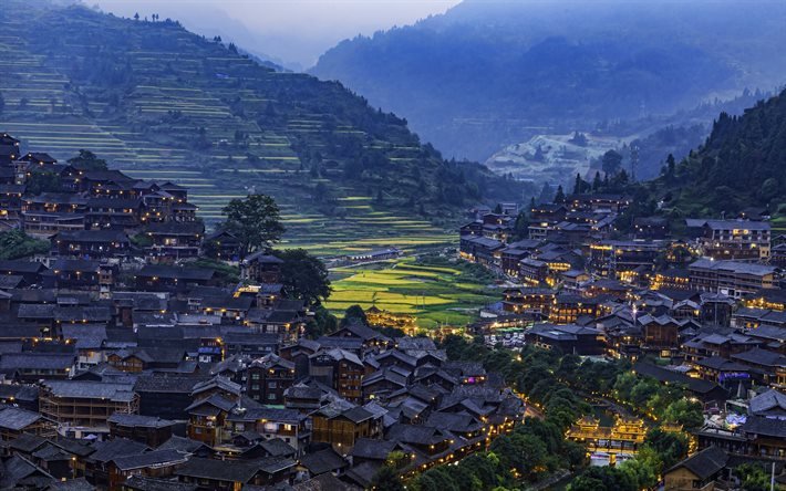 Xijiang Qianhu Miao Village, 4k, illalla, kaupunkimaisemat, Kaili, Guizhoun, Kiina, Aasiassa, kiinan kaupungeissa