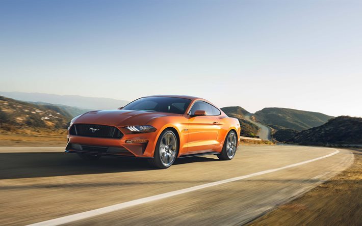 El Ford Mustang GT, 4k, 2018 coches, supercars, amarillo Mustang, el movimiento, la Ford