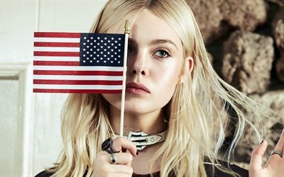 Elle Fanning, 4k, Amerikalı oyuncu, portre, sarışın, Amerikan bayrağı