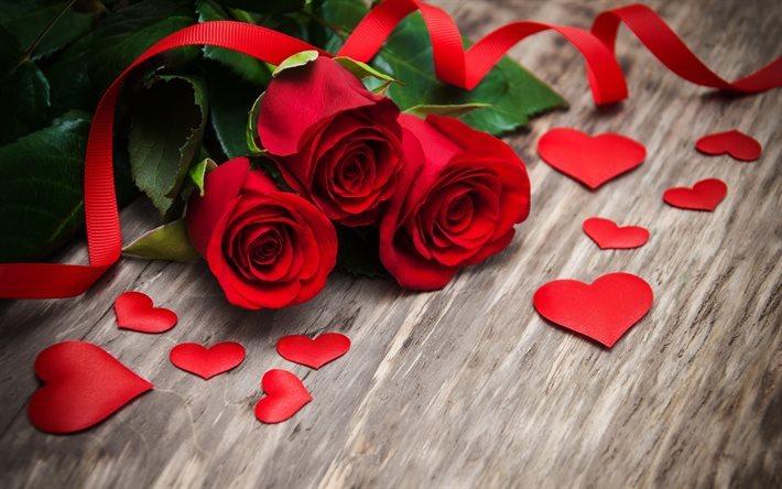 Download wallpapers red roses, red hearts, Valentines Day, rose petals ...