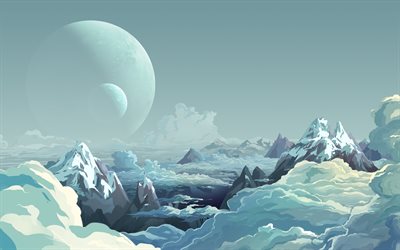 4k, moon, dağlar, kış, dijital sanat