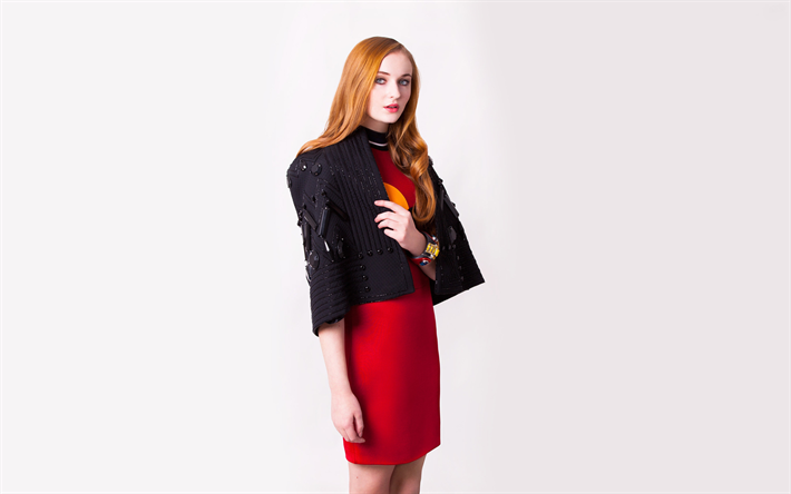 Sophie Turner, actrice anglaise, robe rouge, photoshoot, veste noire