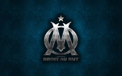 Olympique Marseille, Franska fotbollsklubben, bl&#229; metall textur, metall-logotyp, emblem, Marseille, Frankrike, Liga 1, kreativ konst, fotboll