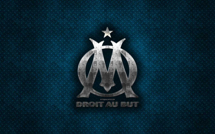 Olympique Marseille, Ranskan football club, sininen metalli tekstuuri, metalli-logo, tunnus, Marseille, Ranska, League 1, creative art, jalkapallo