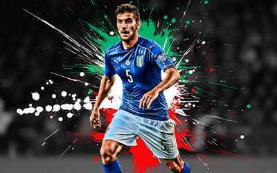 Lorenzo Pellegrini, Italien i fotboll, Italiensk fotboll spelare, mittf&#228;ltare, kreativa flagga Italien, konst, fotboll