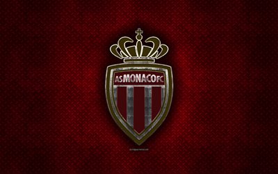 L&#39;as Monaco, club fran&#231;ais de football, rouge m&#233;tal, texture, en m&#233;tal, logo, embl&#232;me, Monaco, France, Ligue 1, art cr&#233;atif, football