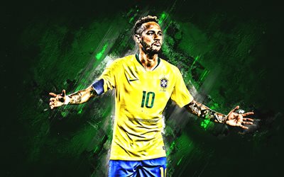 Neymar, vihre&#228; kivi, jalkapallo t&#228;hte&#228;, Brasilian Maajoukkueen, tavoite, vihre&#228; tausta, Neymar JR, jalkapallo, grunge, Brasilian jalkapallojoukkue
