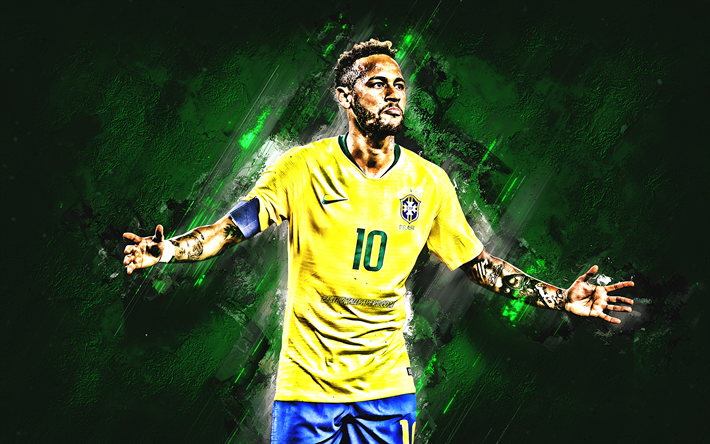 Neymar, pietra verde, stelle del calcio, Squadra Nazionale del Brasile, l&#39;obiettivo, sfondo verde, Neymar JR, il calcio, il grunge, la squadra di calcio Brasiliana