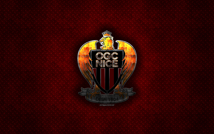 OGC Nice, French football club, red metal texture, metal logo, emblem, Nice, France, Ligue 1, creative art, football