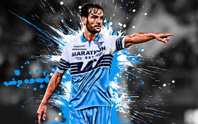 Marco Parolo, 4k, Italian football player, Lazio FC, midfielder, blue-white paint splashes, creative art, Serie A, Italy, football, grunge