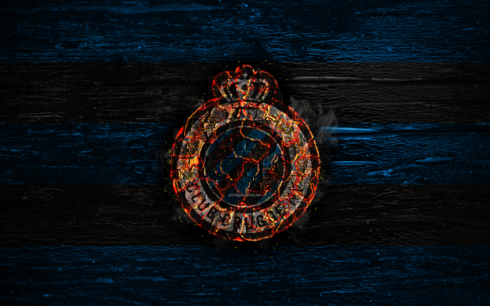 Brugge FC, fuoco, logo, Jupiler League, il blu e il nero linee, Belgio football club, il grunge, il Club Brugge KV, calcio, Brugge logo, di legno, texture, Belgio
