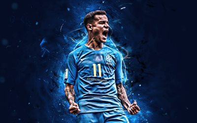 Coutinho, tavoite, sininen yhten&#228;inen, Brasilian Maajoukkueen, iloa, Philippe Coutinho, jalkapallo, jalkapalloilijat, neon valot, jalkapallo t&#228;hte&#228;, abstrakti taide, Brasilian jalkapallojoukkue