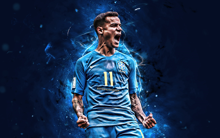 Coutinho, goal, blue uniform, Brazil National Team, joy, Philippe Coutinho, soccer, footballers, neon lights, football stars, abstract art, Brazilian football team