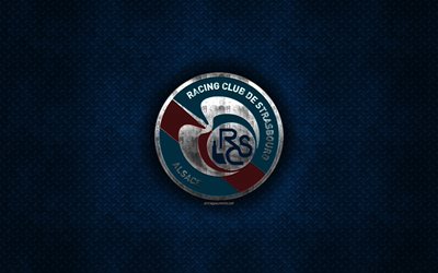 RC Strasbourg Alsace, French football club, blue metal texture, metal logo, emblem, Strasbourg, France, Ligue 1, creative art, football