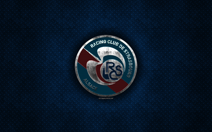 rc stra&#223;burg-elsass, franz&#246;sisch football club, blau metall textur -, metall-logo, emblem, stra&#223;burg, frankreich, ligue 1, kunst, fu&#223;ball