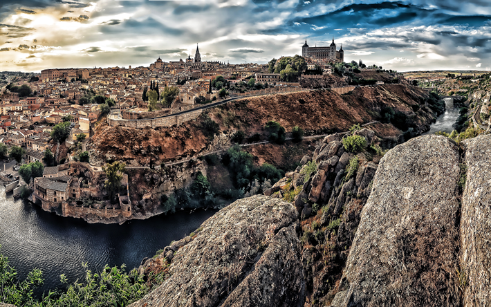 Toledo, HDR, coucher de soleil, fleuve, Toledo Ch&#226;teau, Espagne, Europe