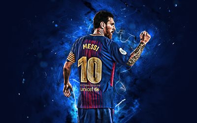 Messi, back view, Barcelona FC, argentinian footballers, goal, La Liga, Lionel Messi, Leo Messi, neon lights, LaLiga, FCB, Barca, soccer, football stars