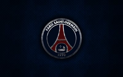 Paris Saint-Germain, PSG, Fransız Futbol Kul&#252;b&#252;, mavi metal doku, metal logo, amblem 1, Paris, Fransa, İzle, yaratıcı sanat, futbol