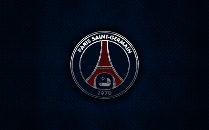 Paris Saint-Germain, PSG, Franska fotbollsklubben, bl&#229; metall textur, metall-logotyp, emblem, Paris, Frankrike, Liga 1, kreativ konst, fotboll