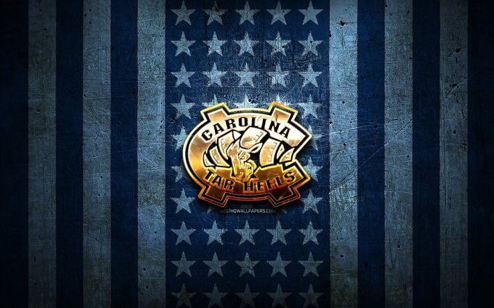 ノースカロライナタールヒールズ旗, 全米大学体育協会, 青い金属の背景, アメリカンフットボール, ノースカロライナタールヒールズのロゴ, 米国, 黄金のロゴ, ノースカロライナタールヒールズ