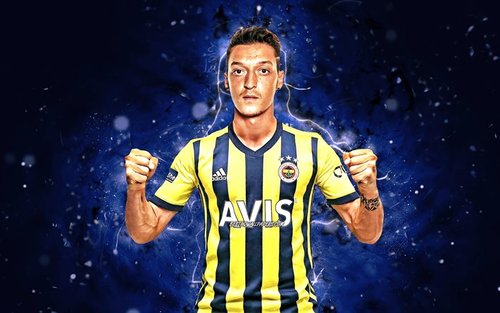 Mesut Ozil, 4k, Fenerbahce SK, Turkish Super Lig, german footballers, soccer, blue neon lights, Fenerbahce FC, Mesut Ozil Fenerbahce