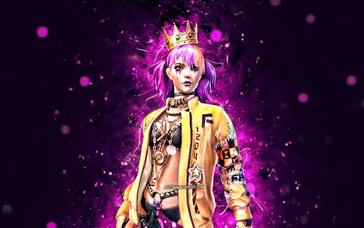 Queen Boxer, 4k, n&#233;ons violets, jeux 2021, Free Fire Battlegrounds, personnages Garena Free Fire, Skin Queen Boxer, Garena Free Fire, Queen Boxer Free Fire