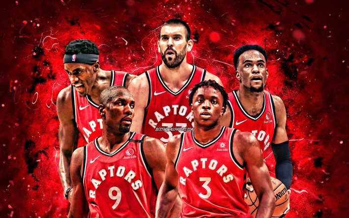 Marc Gasol, OG Anunoby, Serge Ibaka, Oshae Brissett, Pascal Siakam, 4k, Toronto Raptors, basketbol, NBA, Toronto Raptors takımı, kırmızı neon ışıkları, basketbol yıldızları