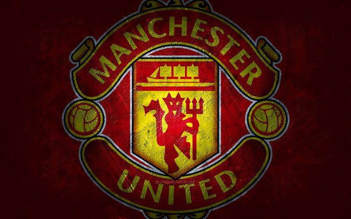 Manchester United FC, engelsk fotbollsklubb, r&#246;d sten bakgrund, Manchester United FC logotyp, grunge konst, Premier League, fotboll, England, Manchester United FC emblem