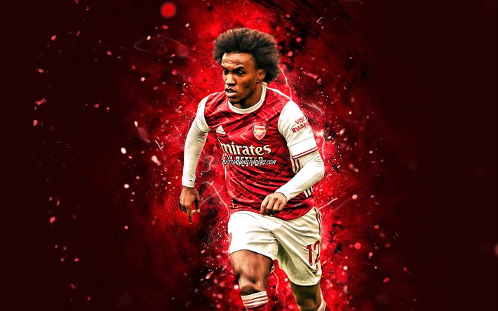 Willian, 4k, 2020, Brezilyalı futbolcular, Arsenal FC, Willian Borges da Silva, kırmızı neon ışıklar, futbol, Premier Lig, Willian 4K, The Gunners, Willian Arsenal