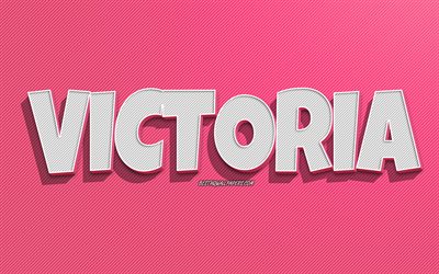 Victoria, pink lines background, wallpapers with names, Victoria name, female names, Victoria greeting card, line art, picture with Victoria name