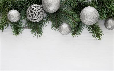 Silvery Christmas Balls, White Wooden Background, Silver Glittering Balls, Christmas Frame