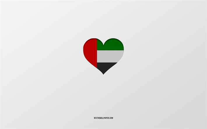 ich liebe vereinigte arabische emirate, asien-l&#228;nder, vereinigte arabische emirate, grauer hintergrund, herz der vae-flagge, lieblingsland, liebe vereinigte arabische emirate, flagge der vae