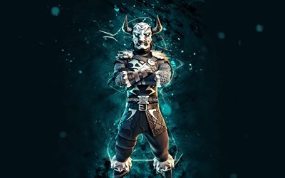 Maestro Minotauro, 4k, luces de ne&#243;n azul, Fortnite Battle Royale, personajes de Fortnite, Master Minotaur Skin, Fortnite, Master Minotaur Fortnite