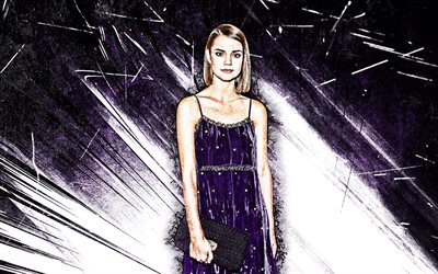 4k, Maia Mitchell, grunge art, australian actress, movie stars, Hollywood, Maia Charlotte Mitchell, violet abstract rays, australian celebrity, Maia Mitchell 4K