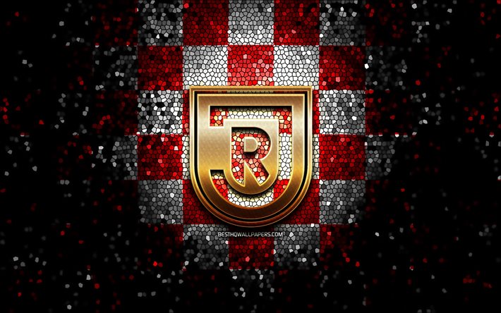 Jahn Regensburg FC, glitter logo, Bundesliga 2, kırmızı beyaz damalı arka plan, futbol, Alman futbol kul&#252;b&#252;, Jahn Regensburg logosu, mozaik sanat, SSV Jahn Regensburg