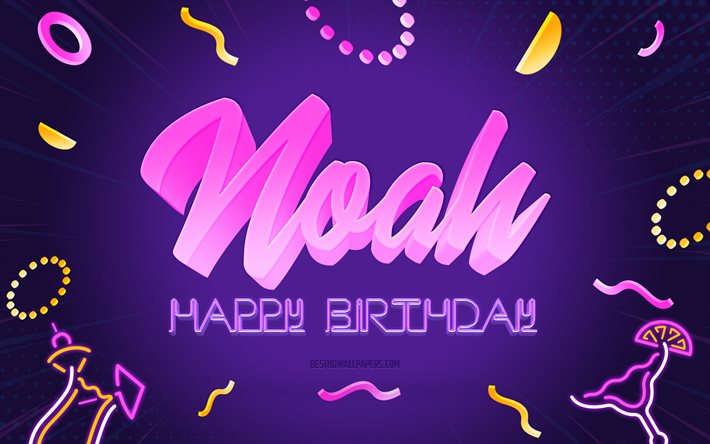 誕生日おめでとう, 4k, 紫のパーティーの背景, ノア, クリエイティブアート, ノアの誕生日おめでとう, ノアの名前, ノアの誕生日, 誕生日パーティーの背景