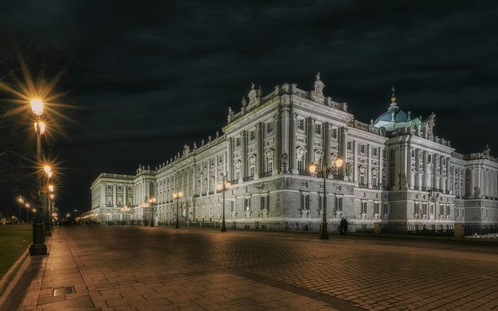 Palais royal de Madrid, 4k, paysages nocturnes, villes espagnoles, Espagne, Madrid, Europe, Madrid la nuit
