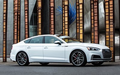 ウディS5Sportback, 2018, 4k, 白S5, 新車, ドイツ車, Audi