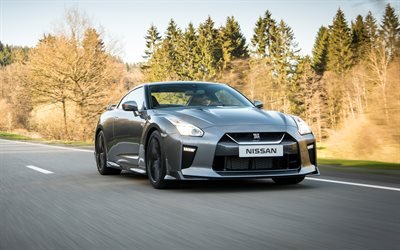Nissan GT-R, 2017, 4k, スポーツクーペ, グレーのGT-R, レーシングカー, 道路, 速度, 日本スポーツカー, 日産