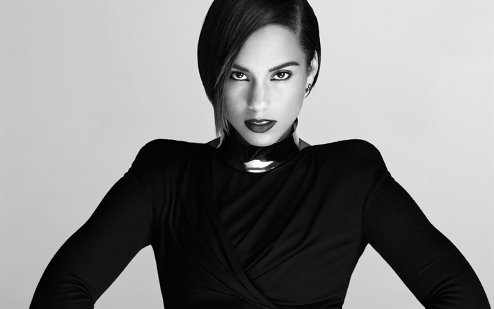 Alicia Keys, 4k, Amerikalı şarkıcı, portre, siyah elbise, siyah ve beyaz, makyaj, G&#252;zel kadın, Ko&#231; Sesli USA