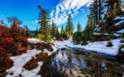 lago di montagna, di neve, mattina, autunno, le montagne, USA, Laghi Alpini Deserto, Stato di Washington, Centrale Cascate