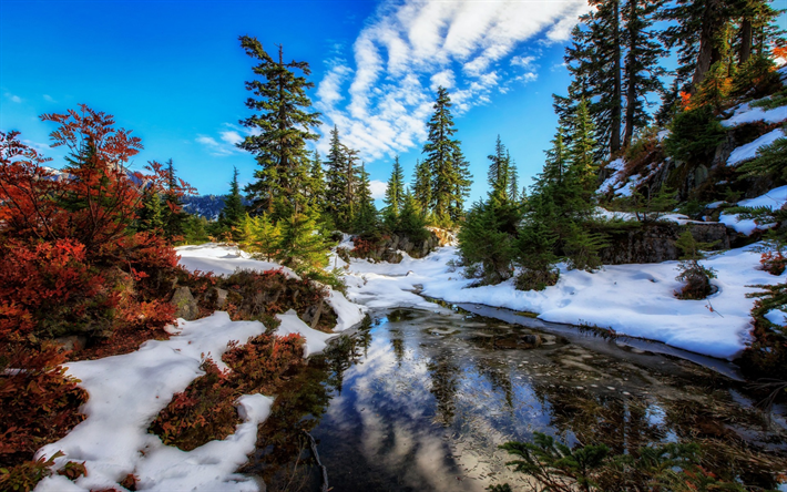 mountain lake, snow, morning, autumn, mountains, USA, Alpine Lakes Wilderness, Washington State, Central Cascades