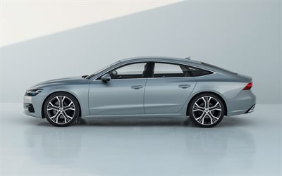 Audi A7 Sportback, 2018, 4k, vista lateral, el nuevo A7 de 2018, de color gris, los coches alemanes, el Audi
