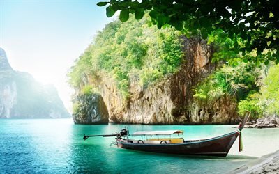 ilha tropical, barco, Tail&#226;ndia, mar, viagens, praia, Laos