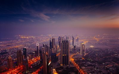 Dubai, mattina, 4k, alba, paesaggi urbani, EMIRATI arabi uniti, grattacieli, Emirati Arabi Uniti