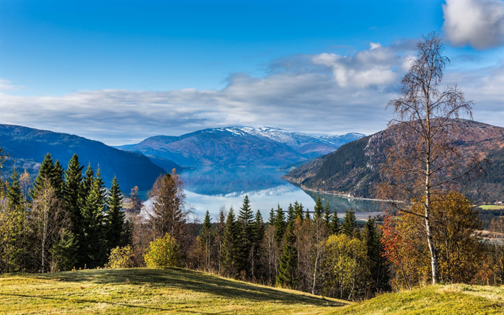 Langvannet, montagna, lago, autunno, paesaggio di montagna, Norvegia