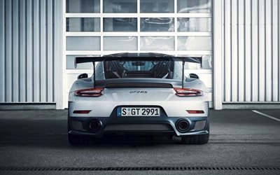 Porsche 911 GT2 RS, 2017, 4k, sports car, rear view, aerodynamic spoiler, sports coupe, silver 911 GT2, Porsche AG