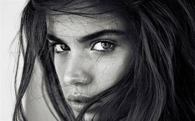Sara Sampaio, 4k, portrait, monochrome, Portuguese top model, beautiful female eyes
