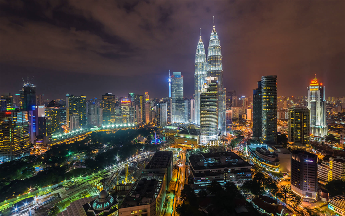 4k, Petronas Towers, KLCC, skyskrapor, Asien, natt, Kuala Lumpur, Malaysia